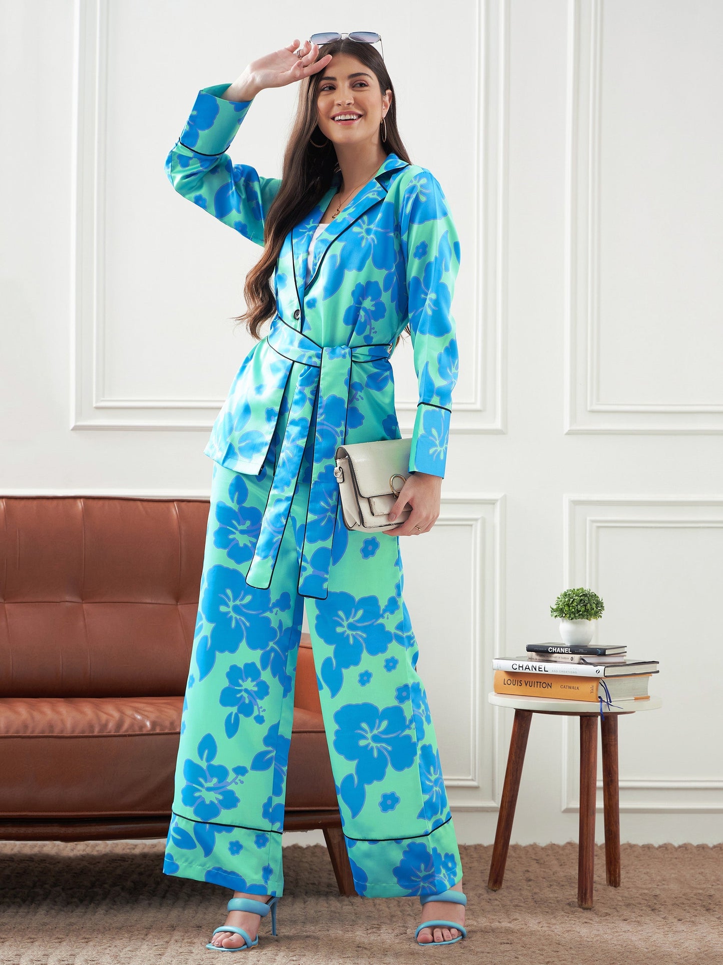 Blue & Green Satin Belted Shirt With Lounge Pants