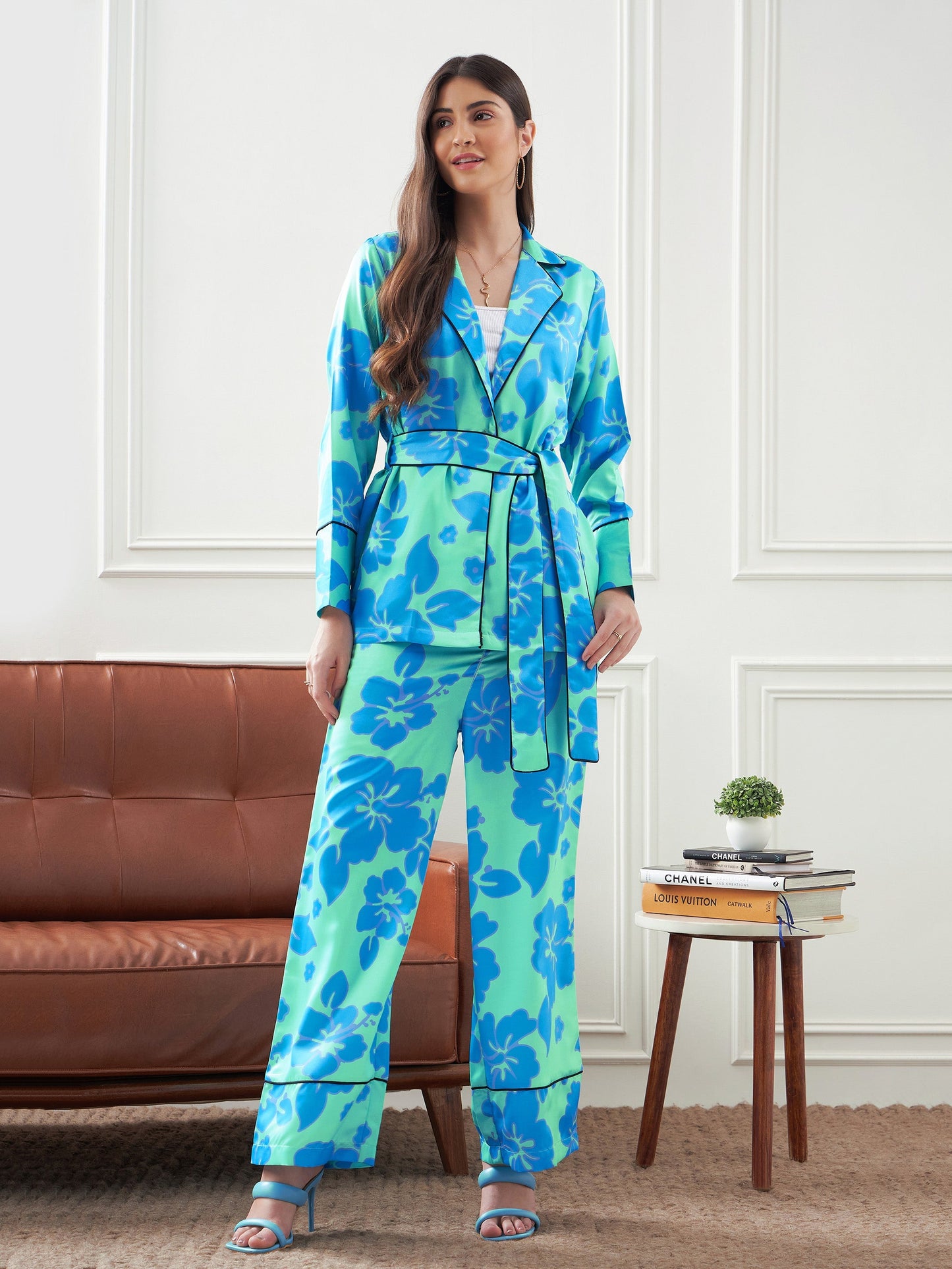 Blue & Green Satin Belted Shirt With Lounge Pants