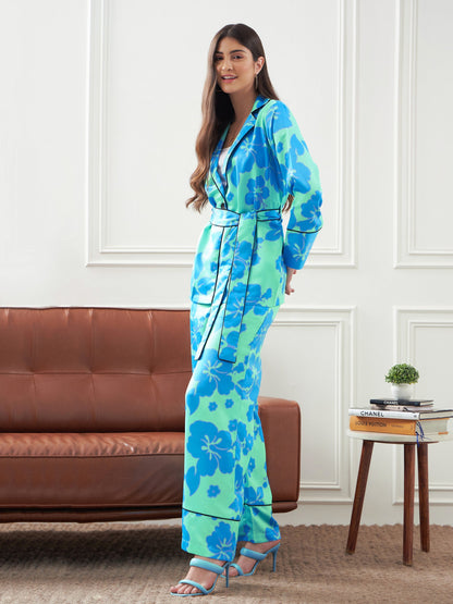 Blue & Green Satin Belted Shirt With Lounge Pants