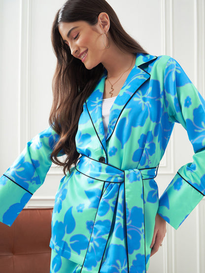 Blue & Green Satin Belted Shirt With Lounge Pants