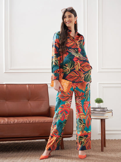 Orange Satin Tropical Longline Shirt With Lounge Pants