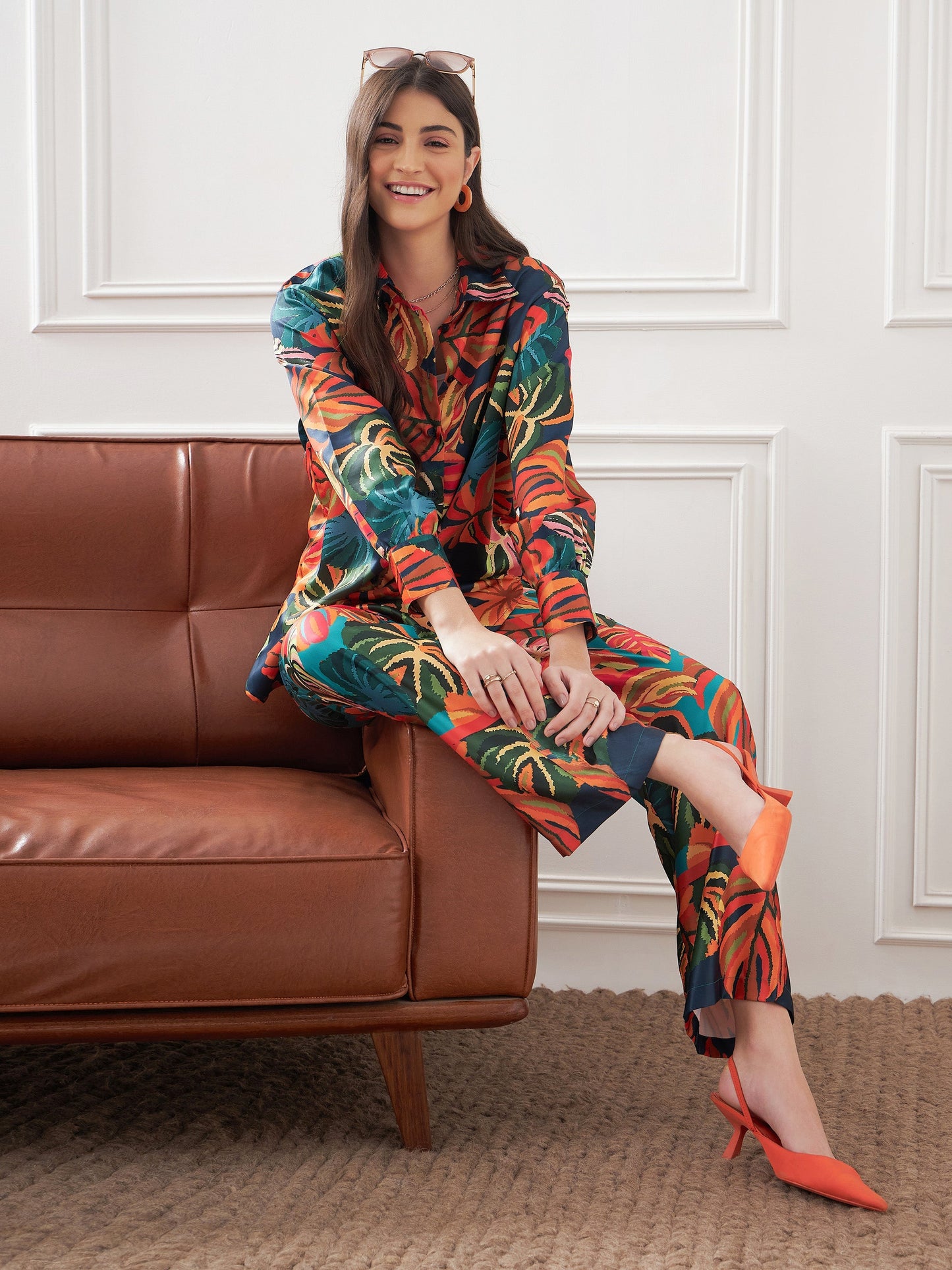 Orange Satin Tropical Longline Shirt With Lounge Pants