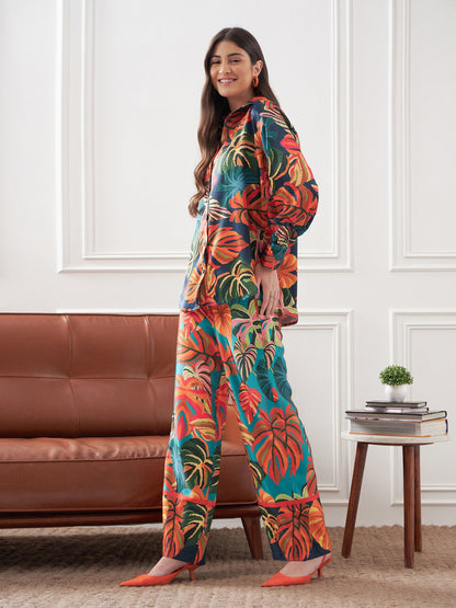 Orange Satin Tropical Longline Shirt With Lounge Pants