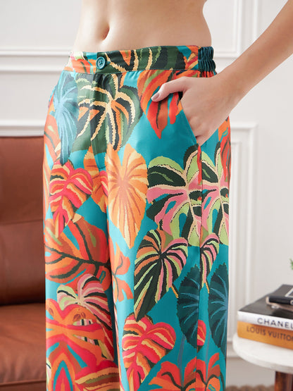 Orange Satin Tropical Longline Shirt With Lounge Pants