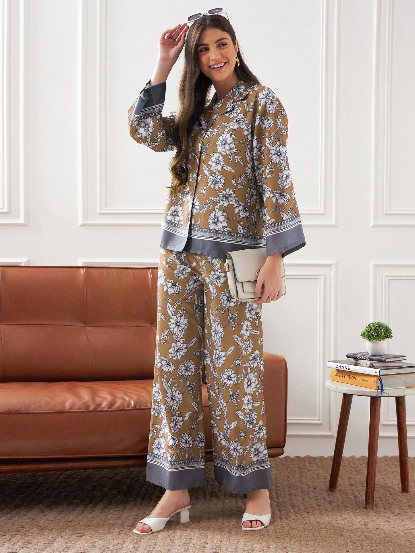 Brown & Grey Floral Notch Collar Shirt With Lounge Pants