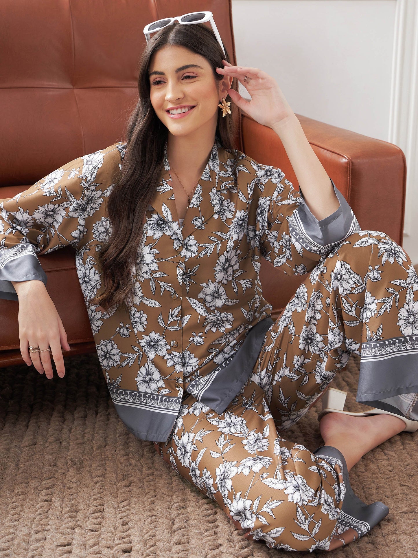 Brown & Grey Floral Notch Collar Shirt With Lounge Pants