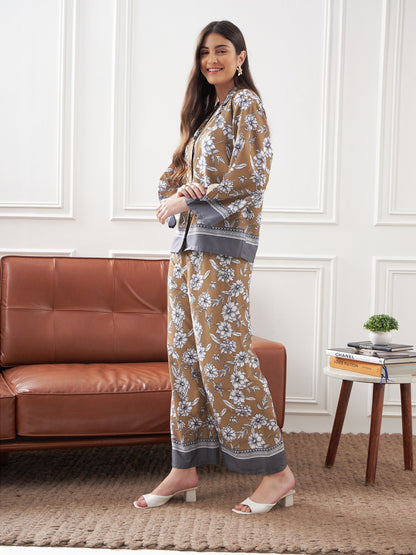 Brown & Grey Floral Notch Collar Shirt With Lounge Pants