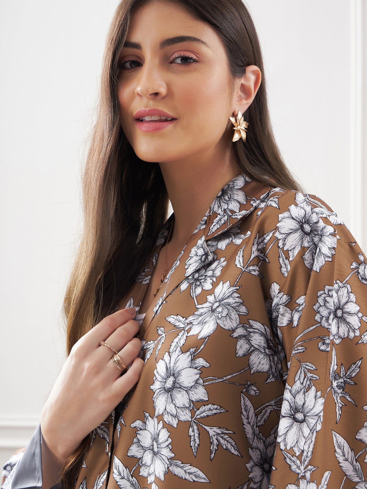 Brown & Grey Floral Notch Collar Shirt With Lounge Pants