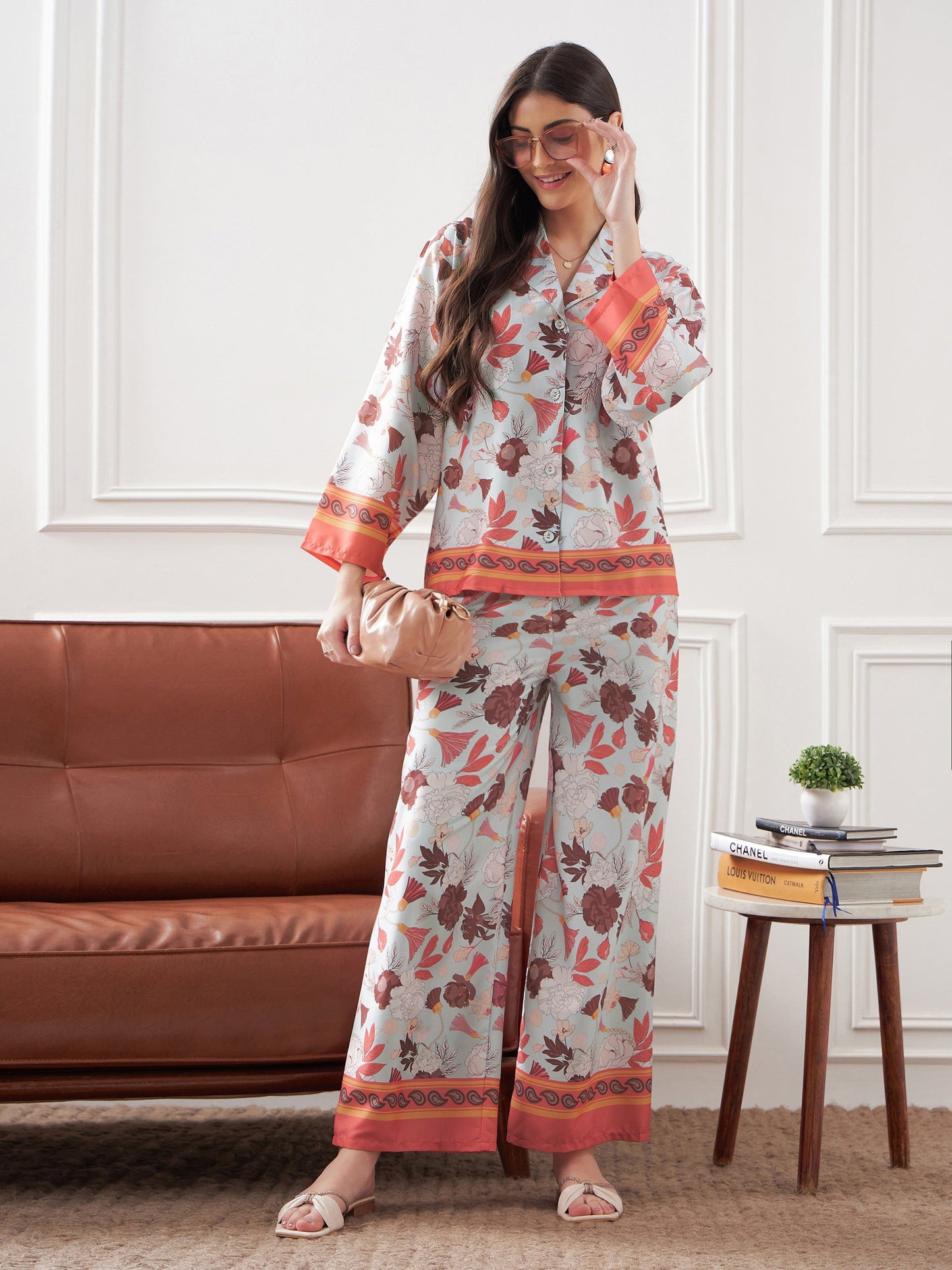 Pale Blue & Coral Tropical Notch Collar Shirt With Lounge Pants