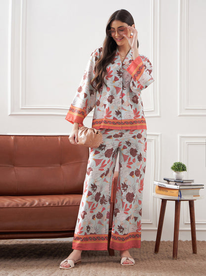 Pale Blue & Coral Tropical Notch Collar Shirt With Lounge Pants