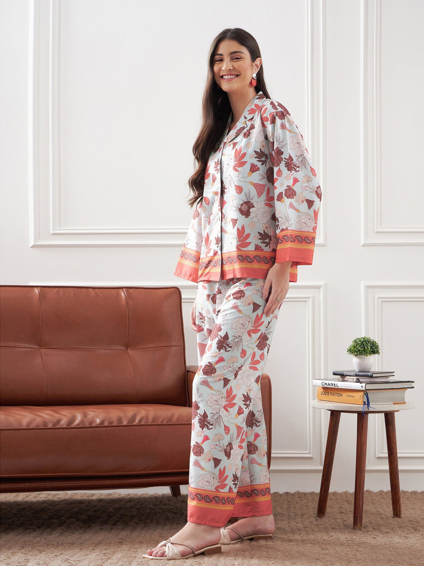 Pale Blue & Coral Tropical Notch Collar Shirt With Lounge Pants