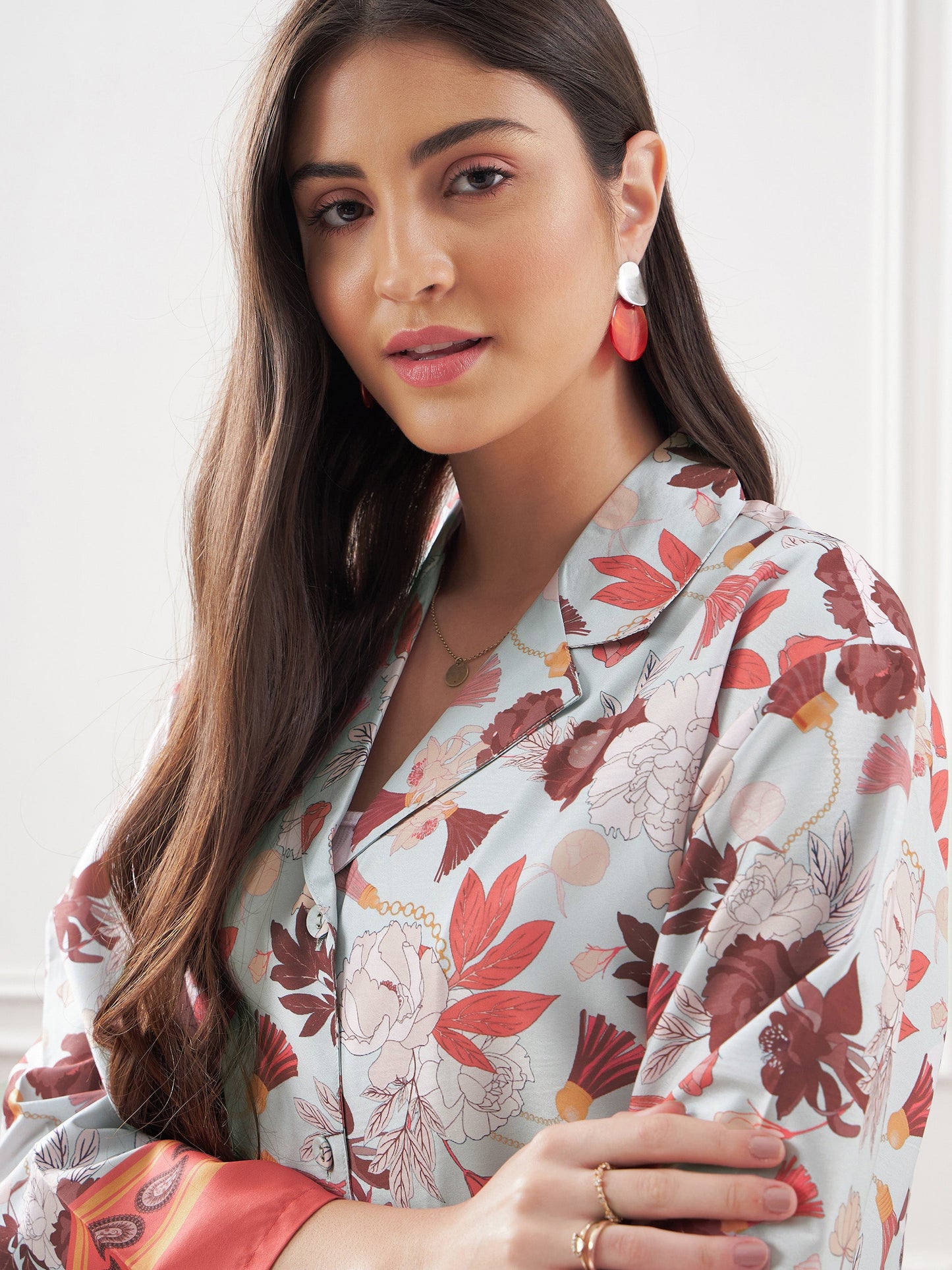 Pale Blue & Coral Tropical Notch Collar Shirt With Lounge Pants