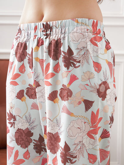 Pale Blue & Coral Tropical Notch Collar Shirt With Lounge Pants