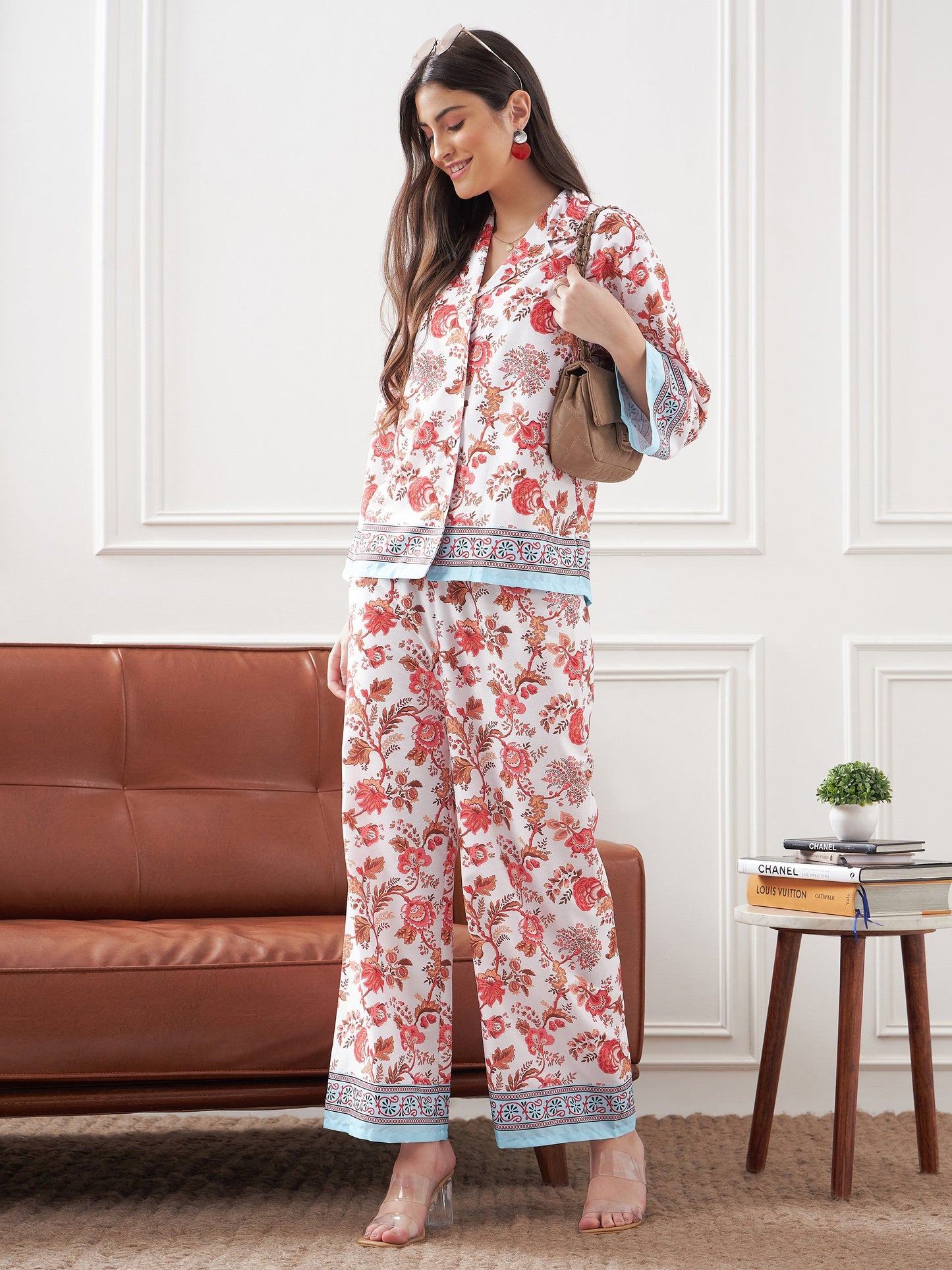 White & Sky Blue Tropical Notch Collar Shirt With Lounge Pants