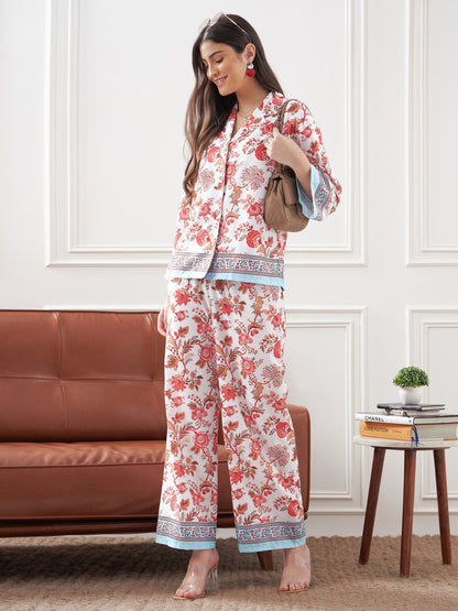 White & Sky Blue Tropical Notch Collar Shirt With Lounge Pants