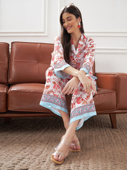 White & Sky Blue Tropical Notch Collar Shirt With Lounge Pants