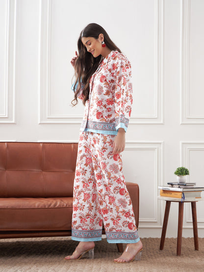 White & Sky Blue Tropical Notch Collar Shirt With Lounge Pants