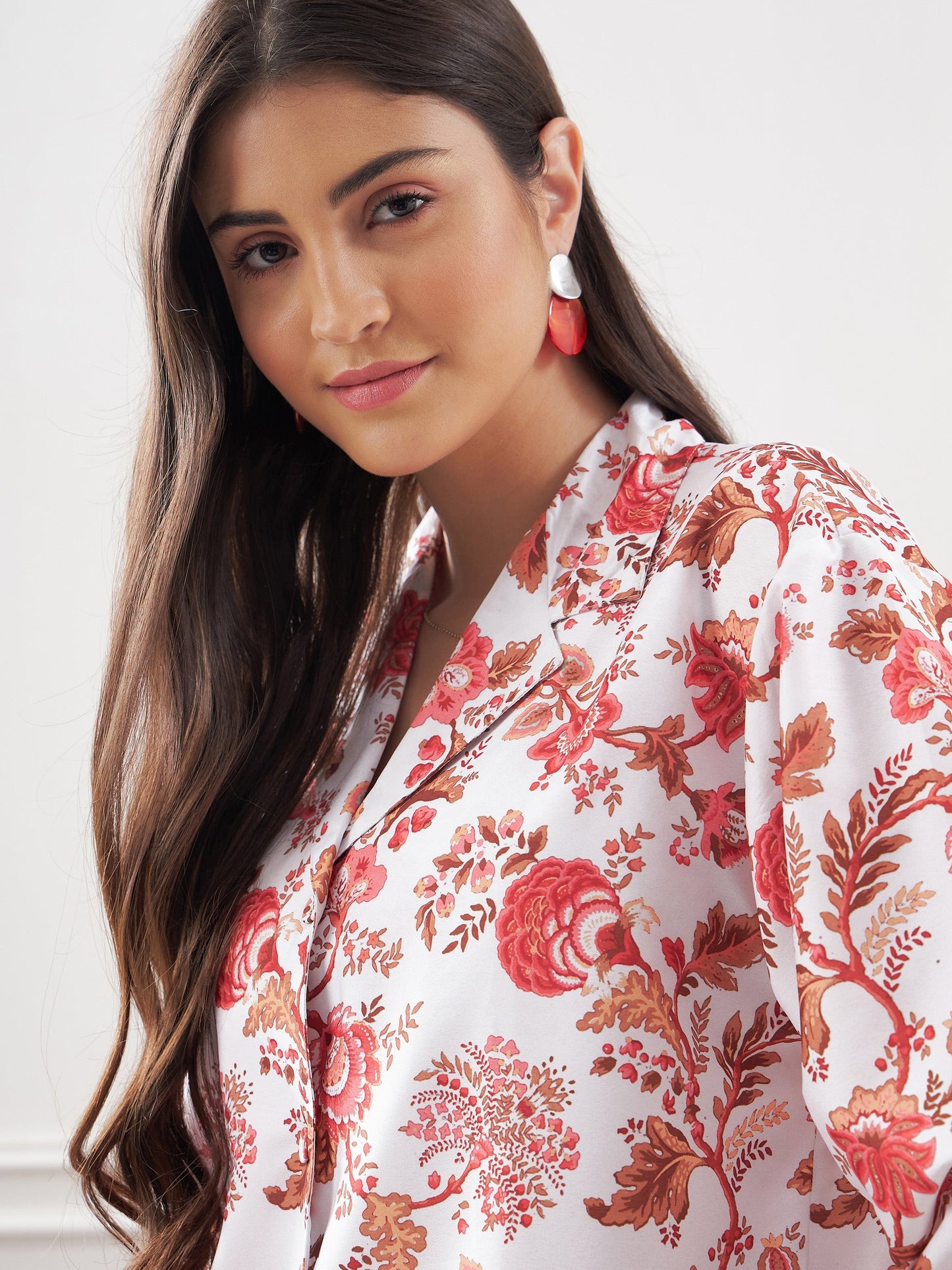White & Sky Blue Tropical Notch Collar Shirt With Lounge Pants