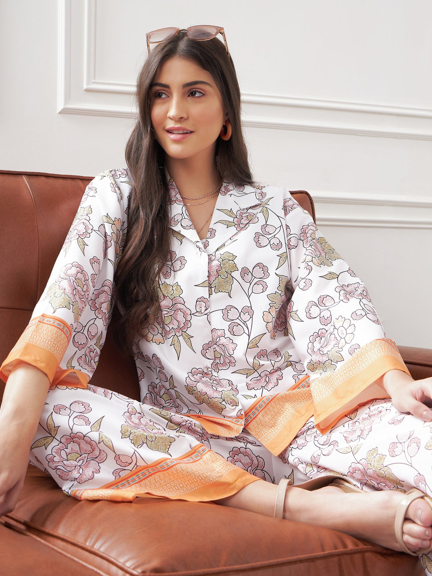 White & Mustard Floral Notch Collar Shirt With Lounge Pants