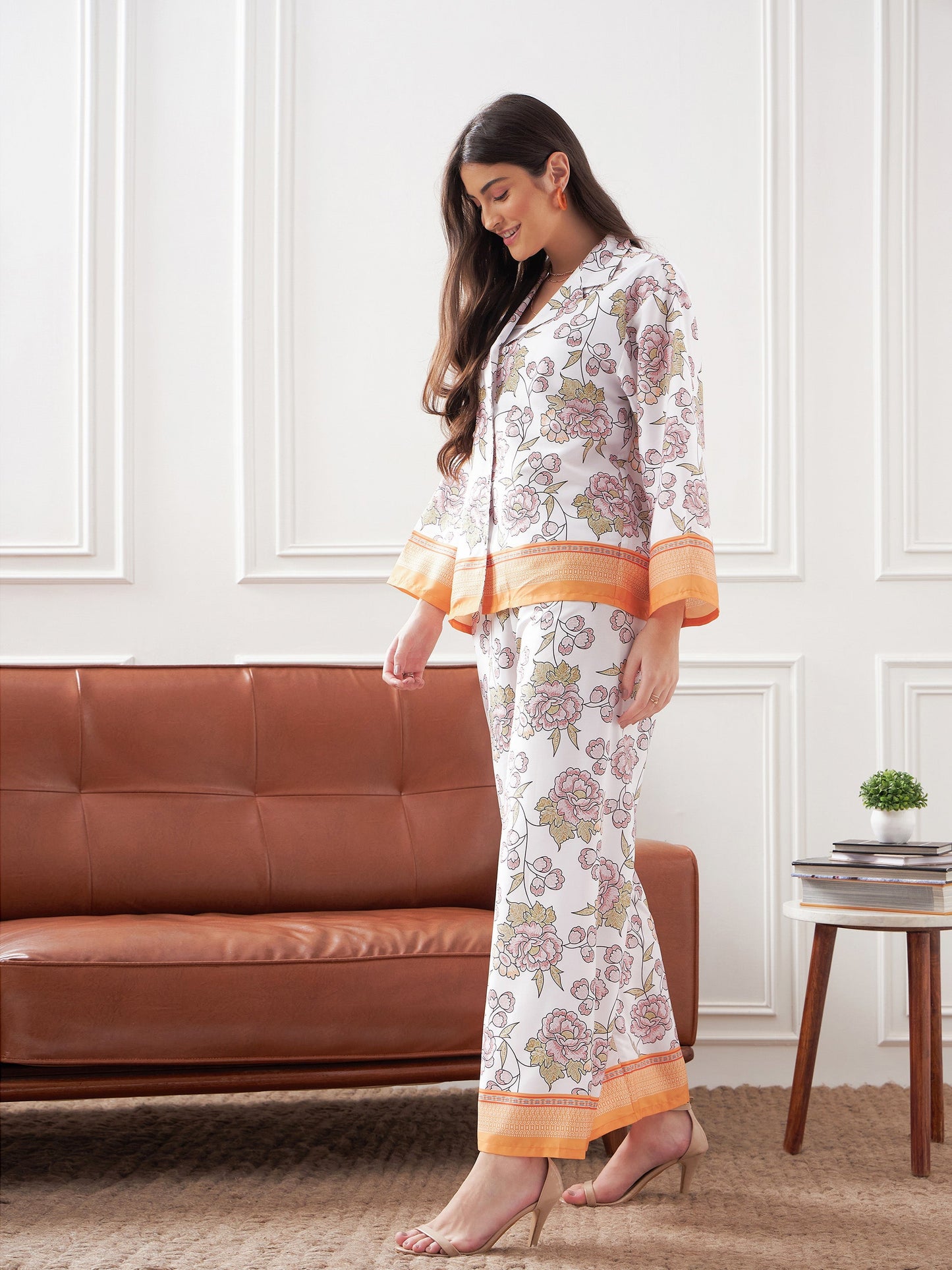 White & Mustard Floral Notch Collar Shirt With Lounge Pants