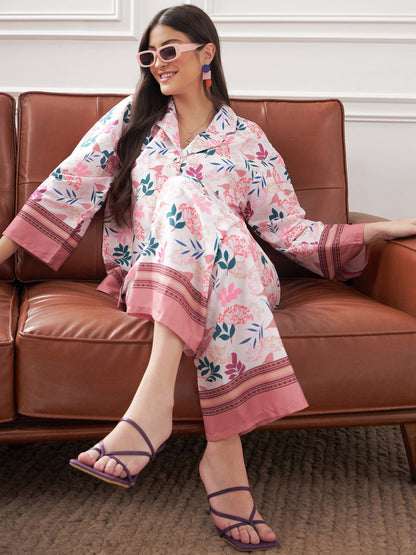 Off White & Mauve Floral Notch Collar Shirt With Lounge Pants