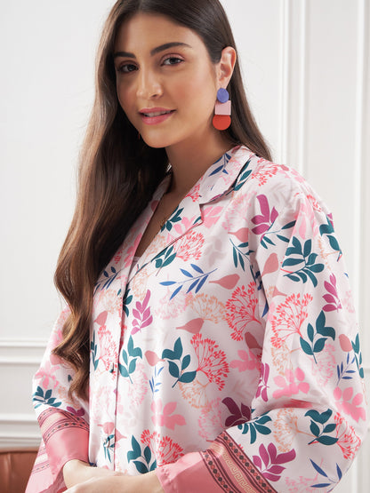 Off White & Mauve Floral Notch Collar Shirt With Lounge Pants