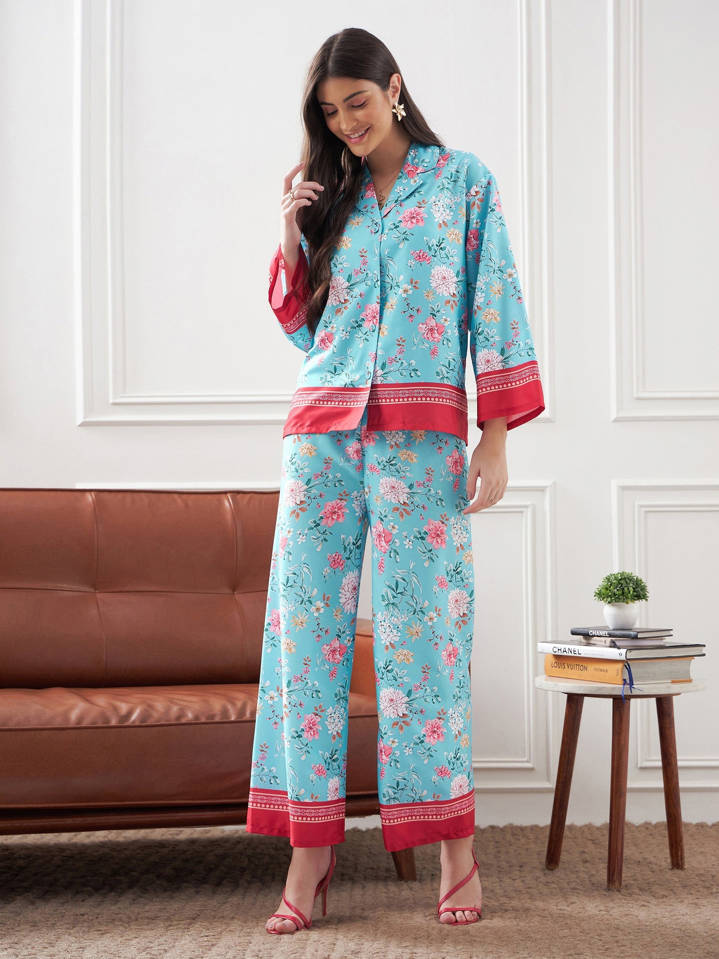 Turquoise & Magenta Floral Notch Collar Shirt With Lounge Pants