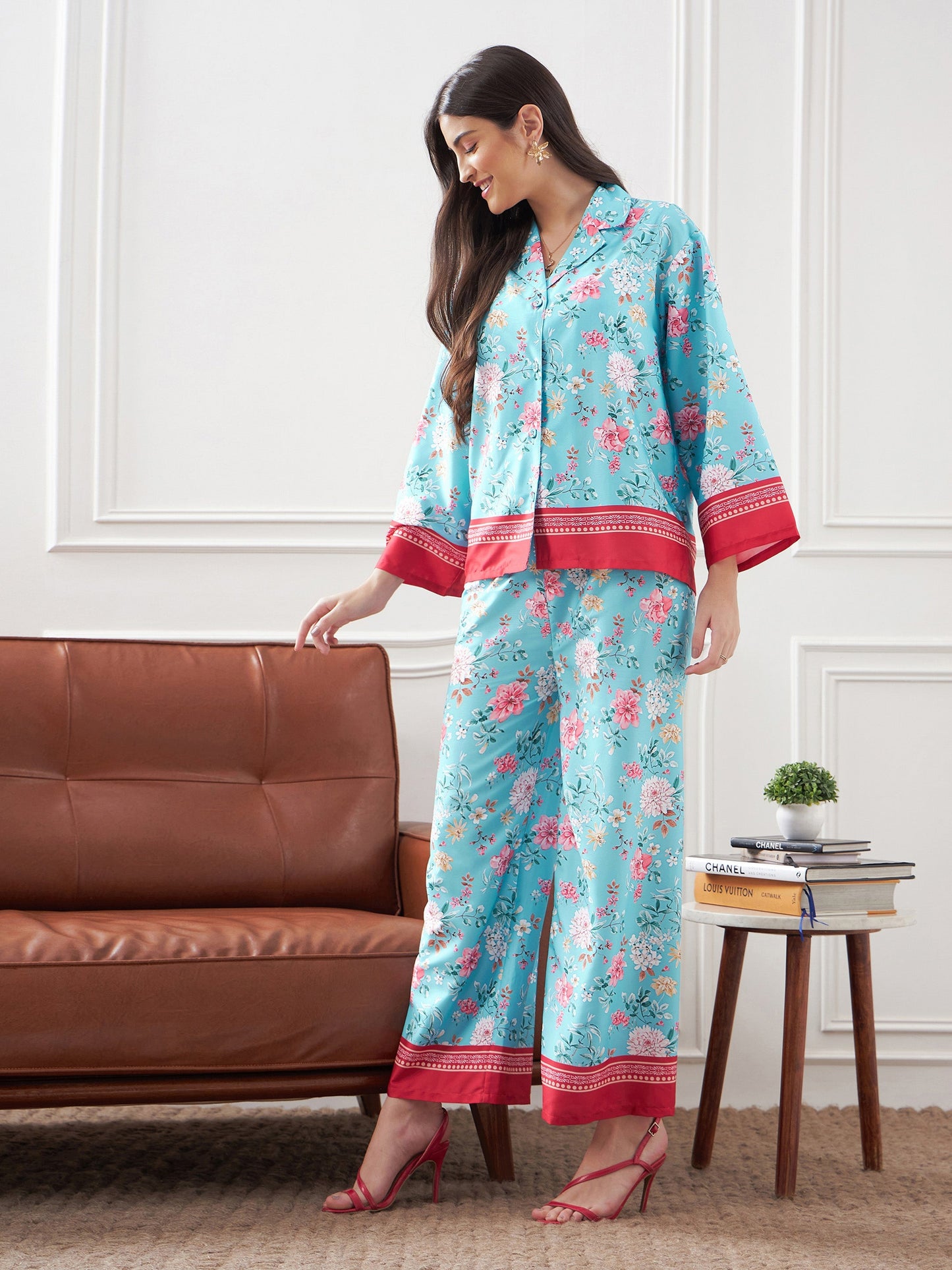 Turquoise & Magenta Floral Notch Collar Shirt With Lounge Pants