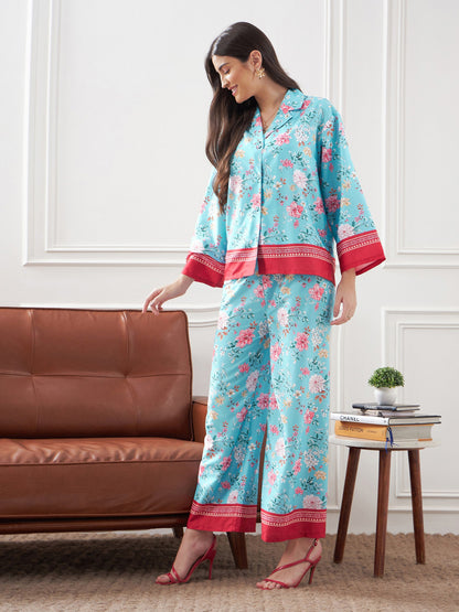 Turquoise & Magenta Floral Notch Collar Shirt With Lounge Pants
