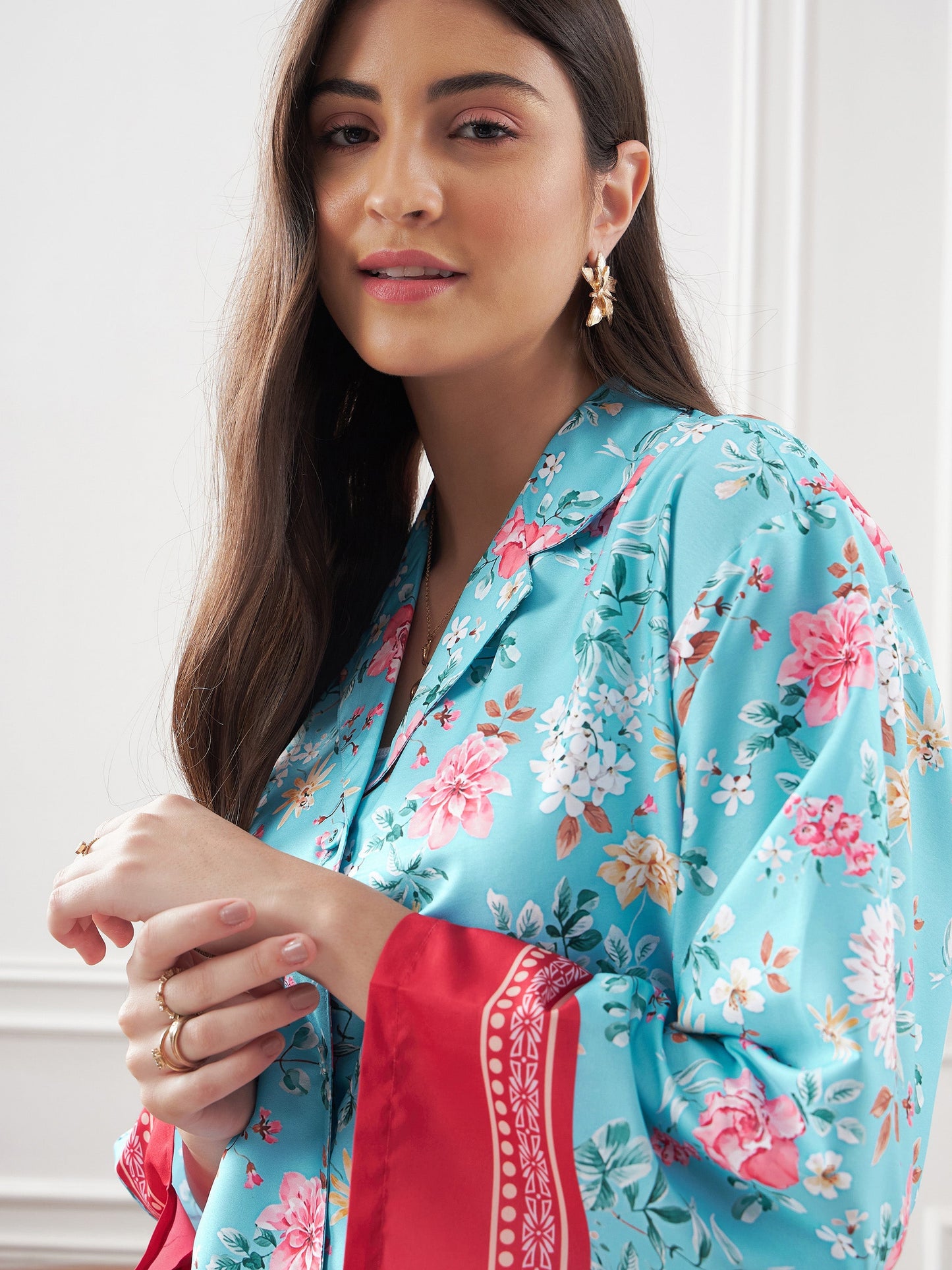 Turquoise & Magenta Floral Notch Collar Shirt With Lounge Pants