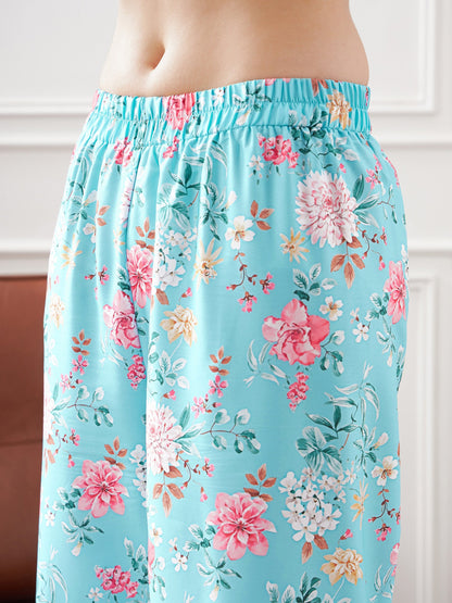 Turquoise & Magenta Floral Notch Collar Shirt With Lounge Pants