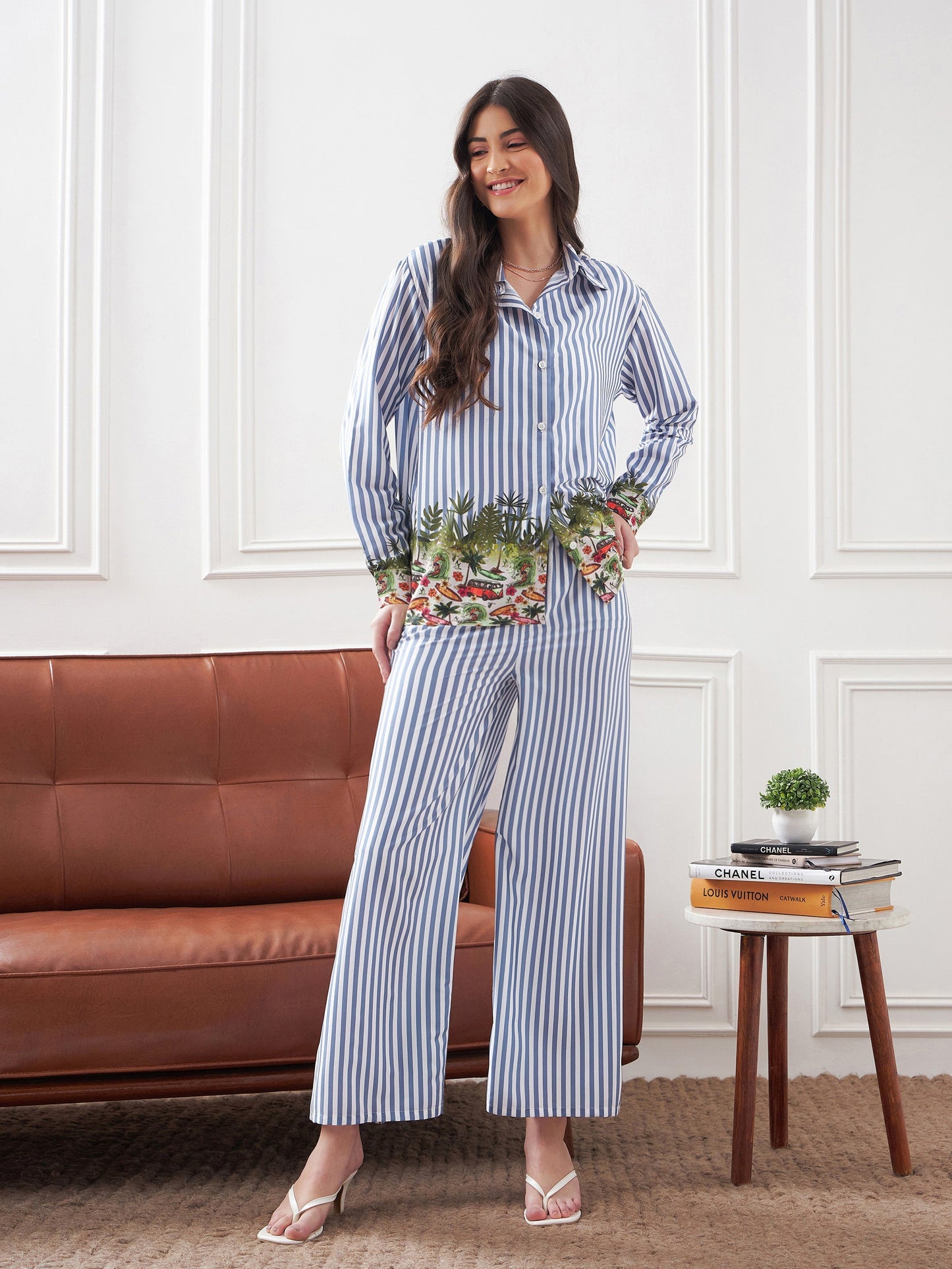 Blue Stripes Notch Collar Shirt With Lounge Pants