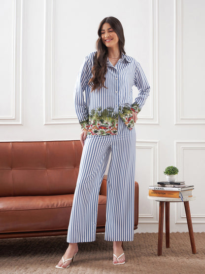 Blue Stripes Notch Collar Shirt With Lounge Pants