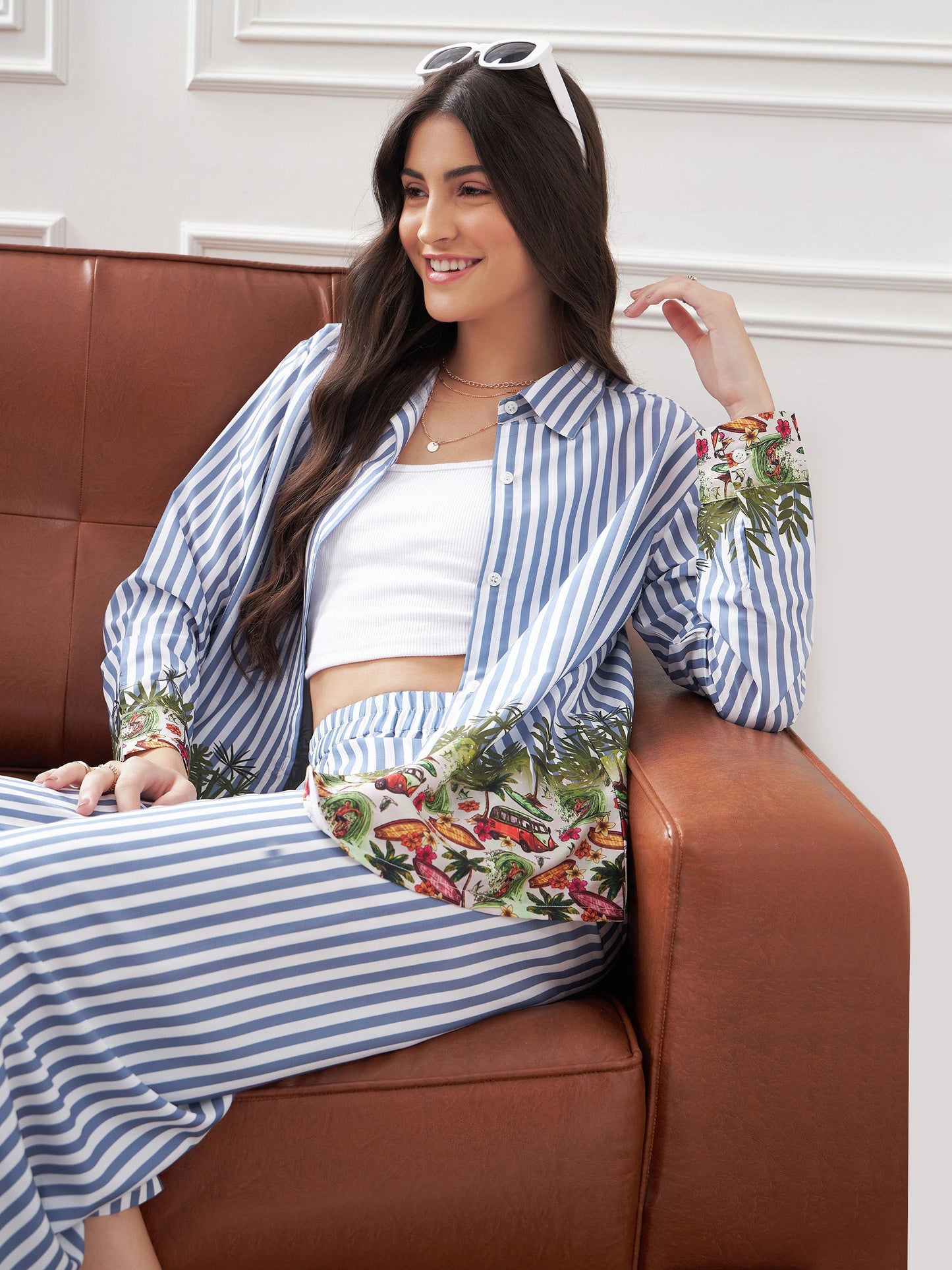 Blue Stripes Notch Collar Shirt With Lounge Pants