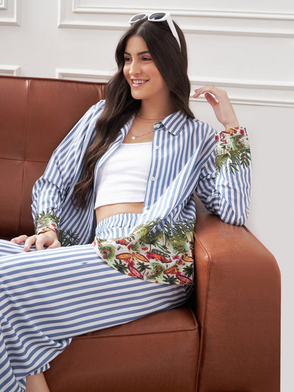 Blue Stripes Notch Collar Shirt With Lounge Pants