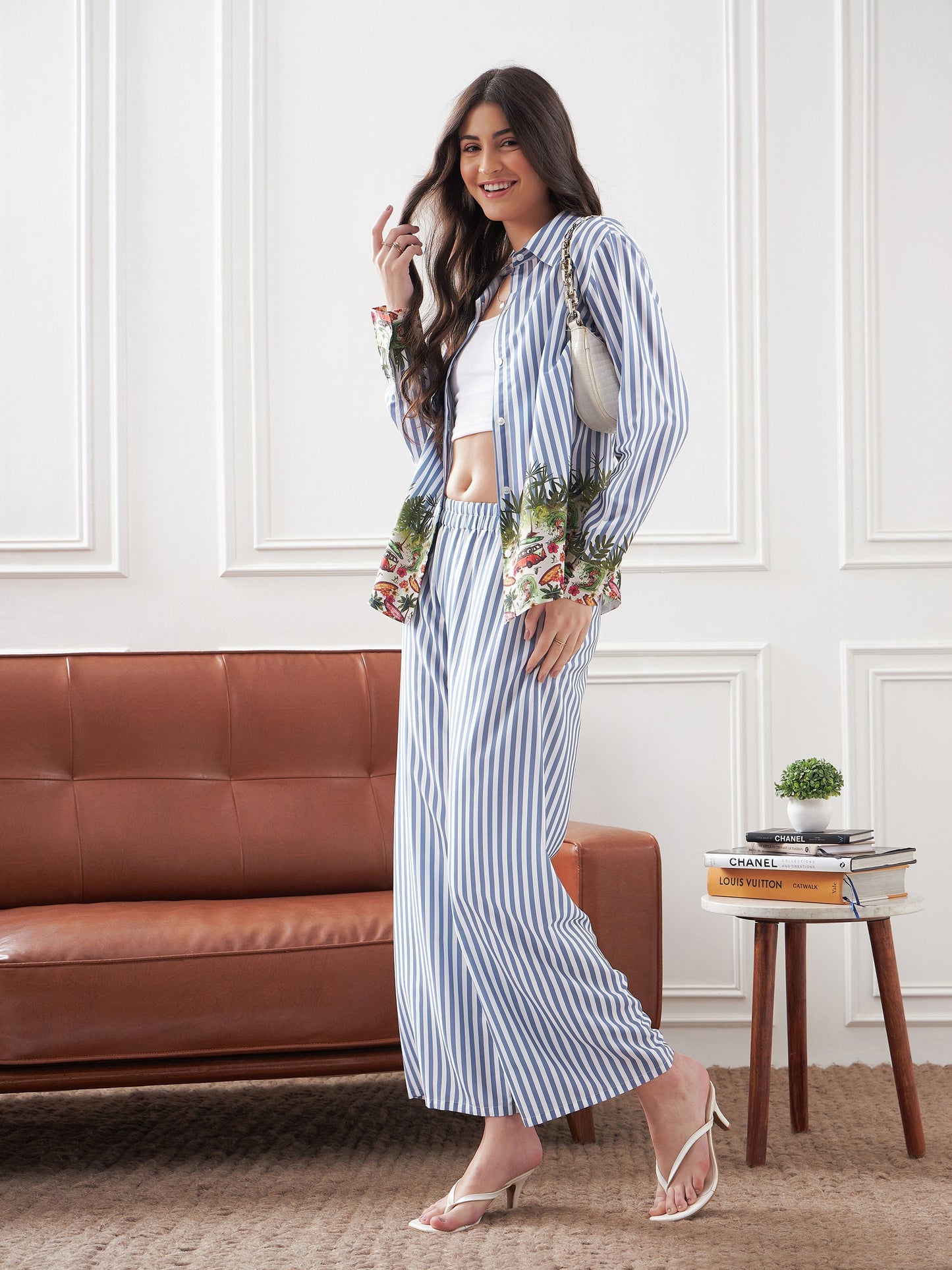 Blue Stripes Notch Collar Shirt With Lounge Pants