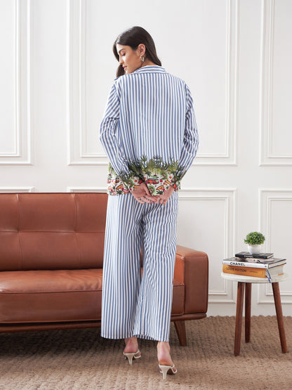 Blue Stripes Notch Collar Shirt With Lounge Pants