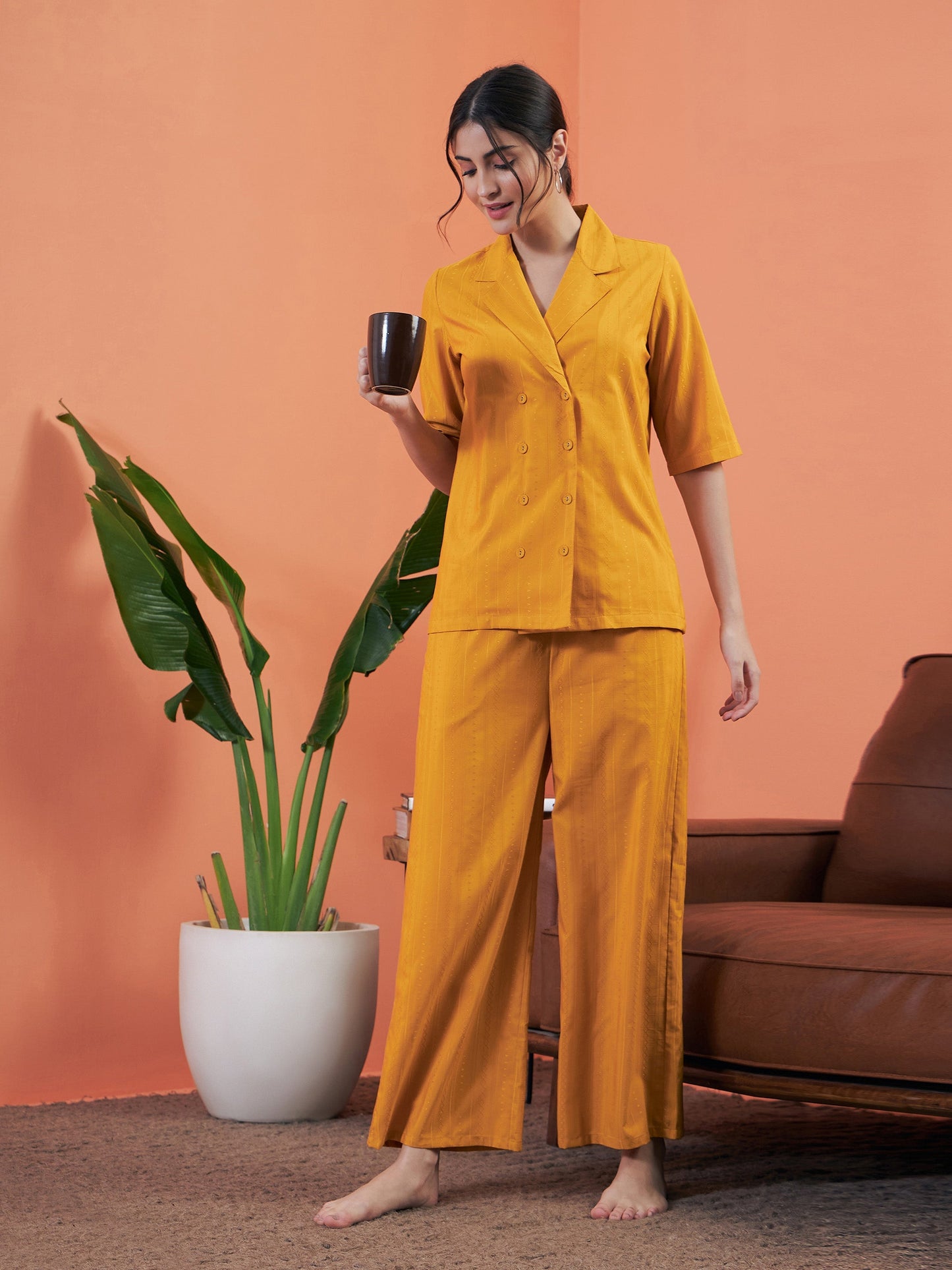 Mustard Short Sleeve Shirt With Lounge Pants