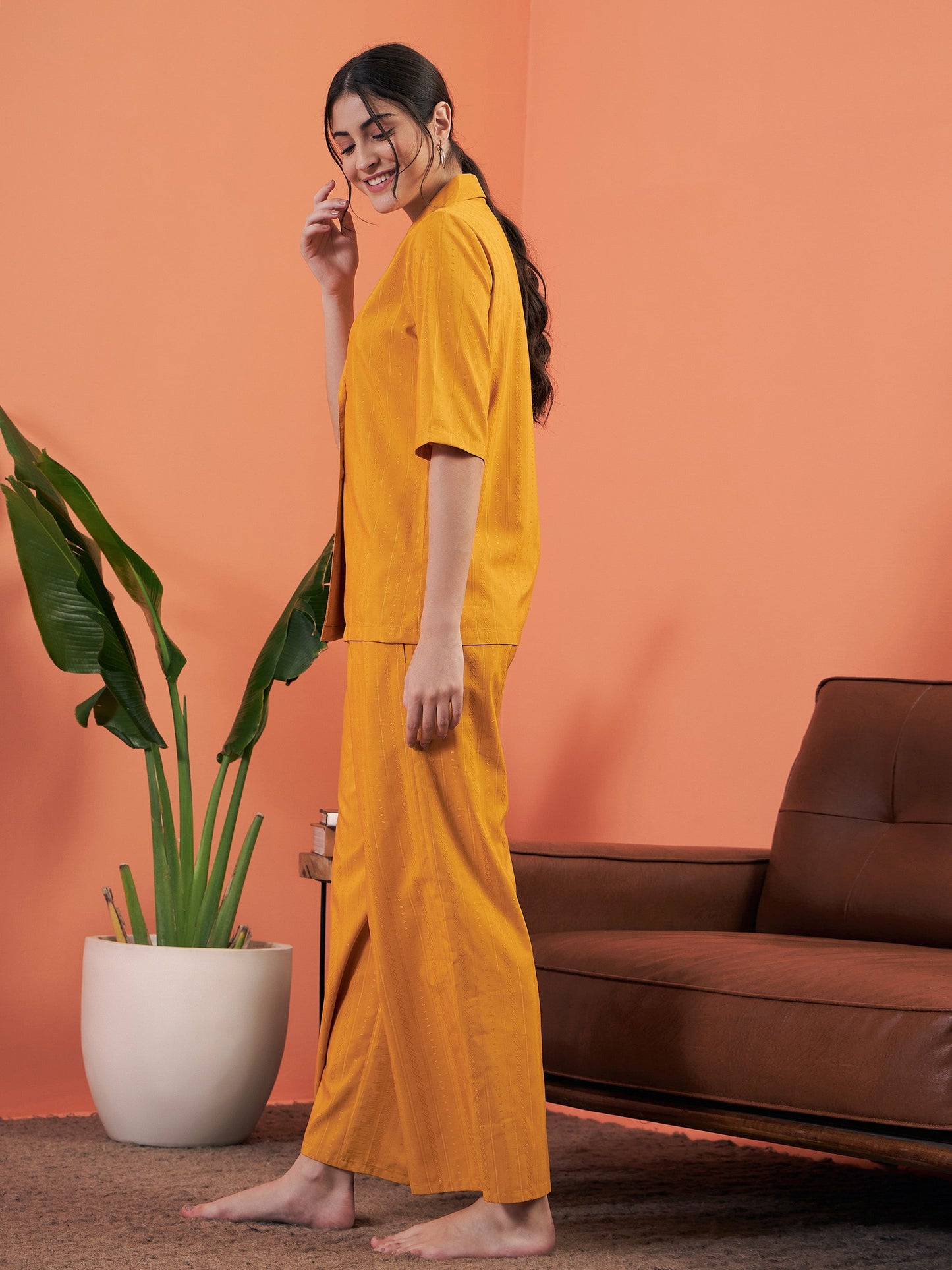 Mustard Short Sleeve Shirt With Lounge Pants