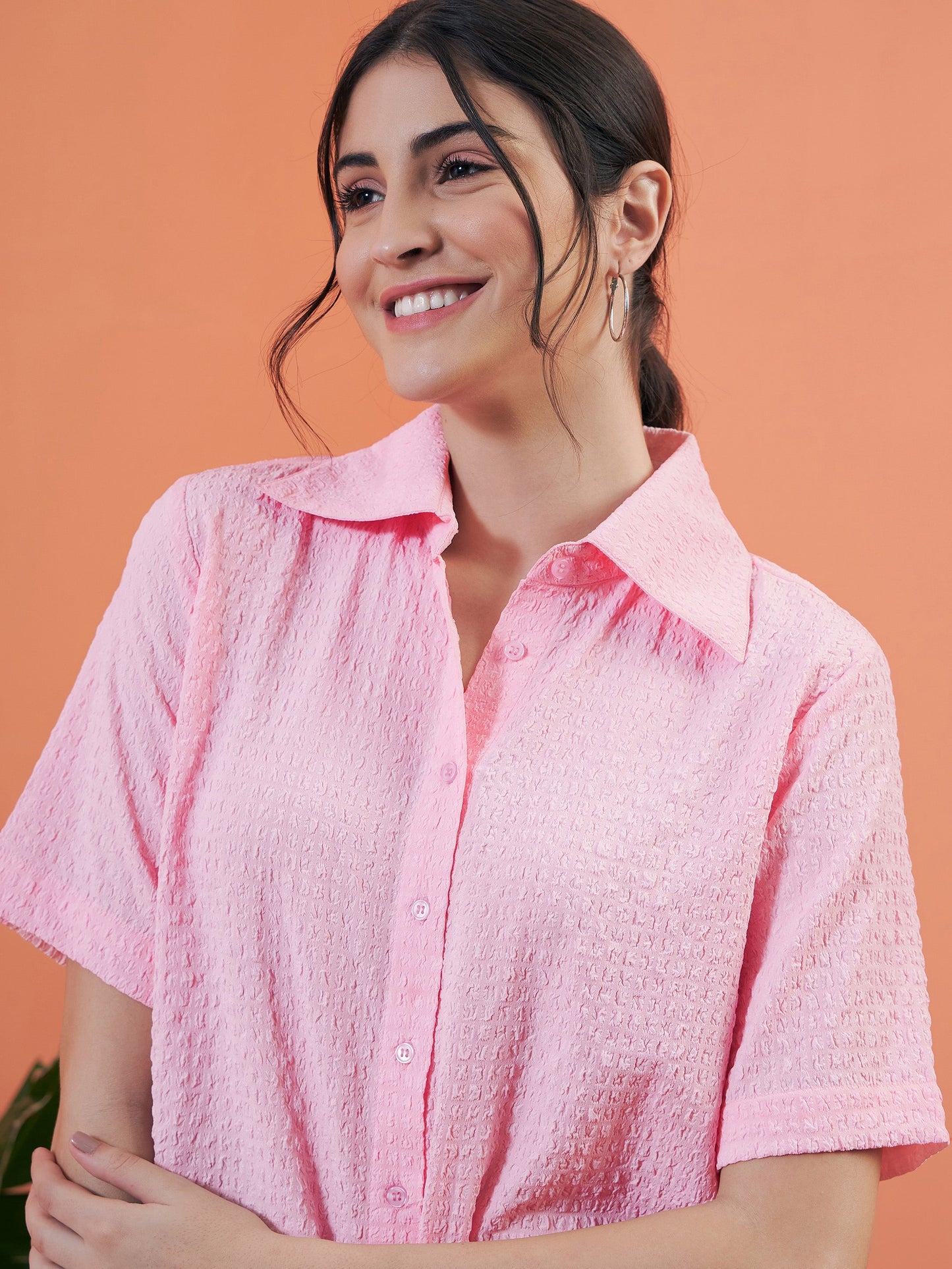 Pink Seersucker Crop Shirt With Shorts