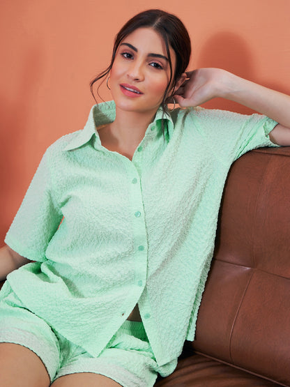 Mint Green Seersucker Crop Shirt With Shorts