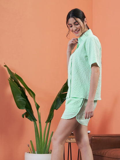Mint Green Seersucker Crop Shirt With Shorts