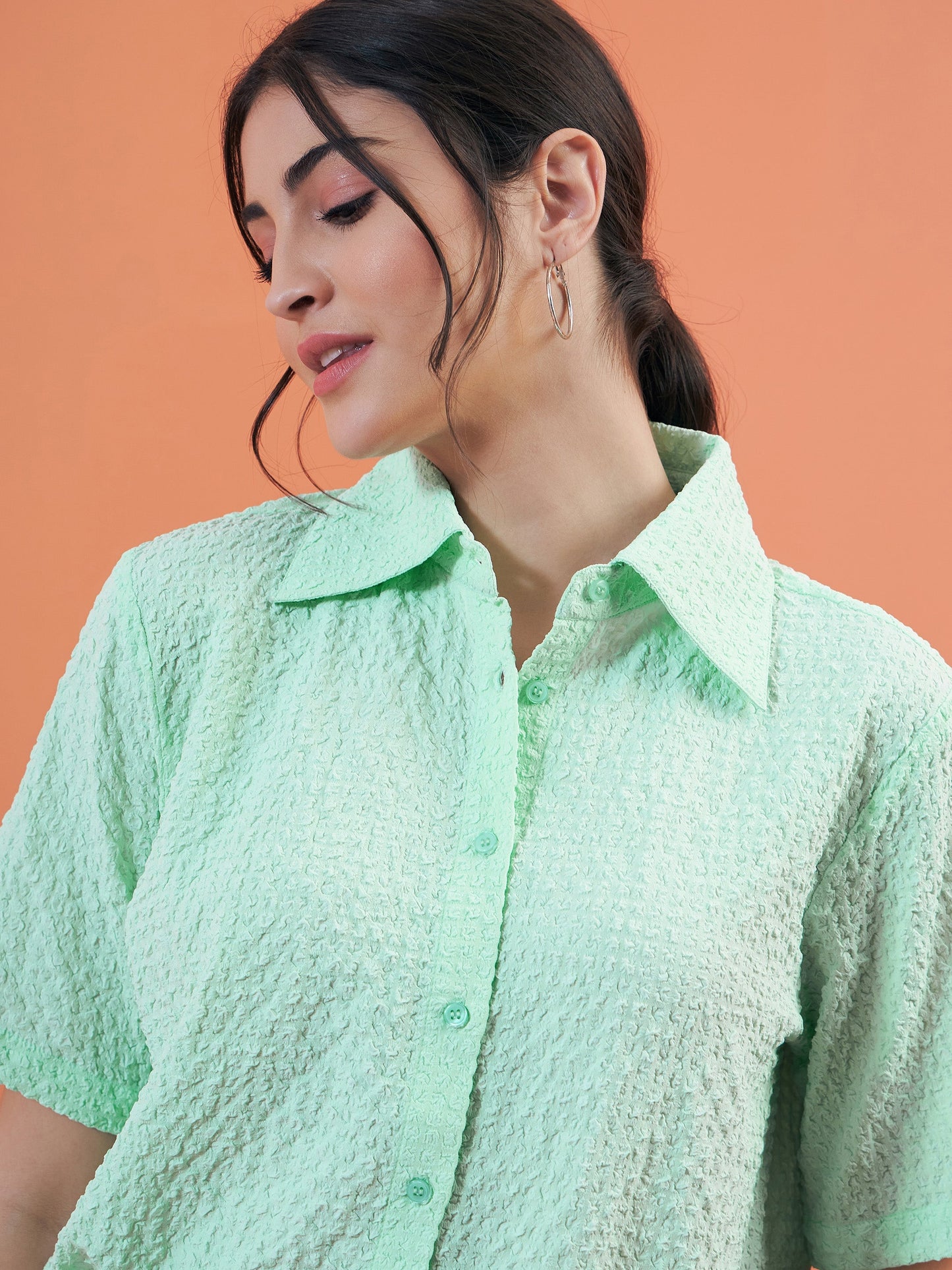 Mint Green Seersucker Crop Shirt With Shorts