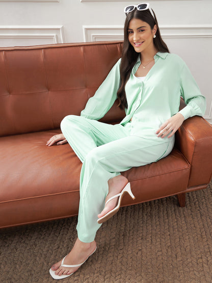 Mint Green Satin Shirt With Lounge Pants