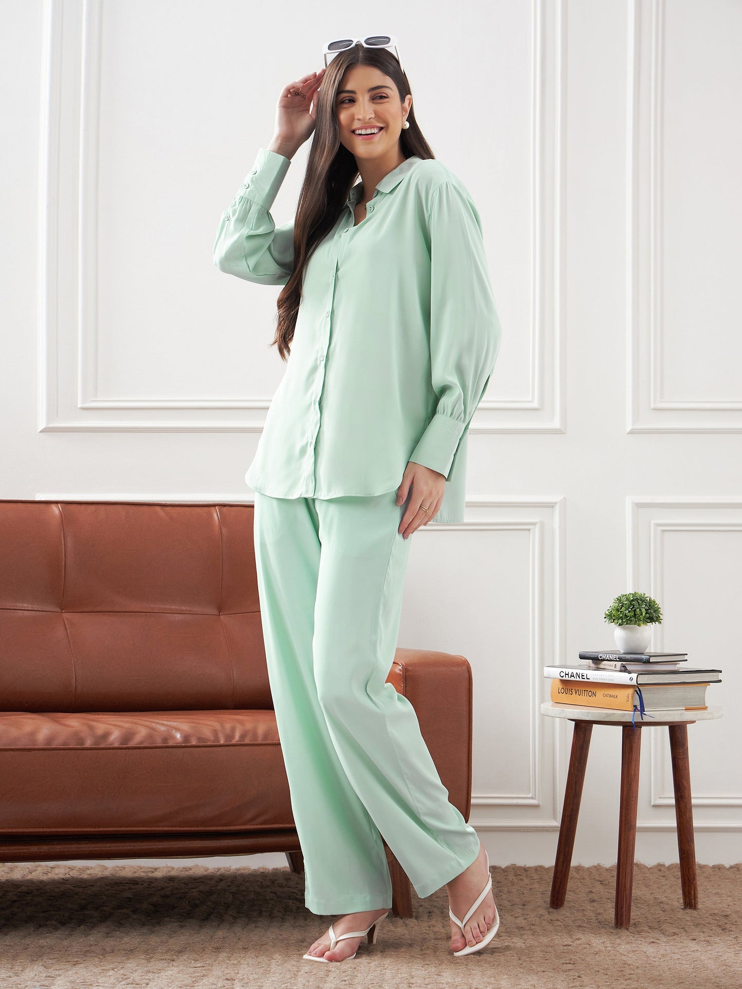 Mint Green Satin Shirt With Lounge Pants