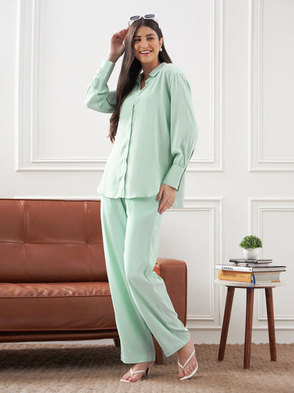 Mint Green Satin Shirt With Lounge Pants