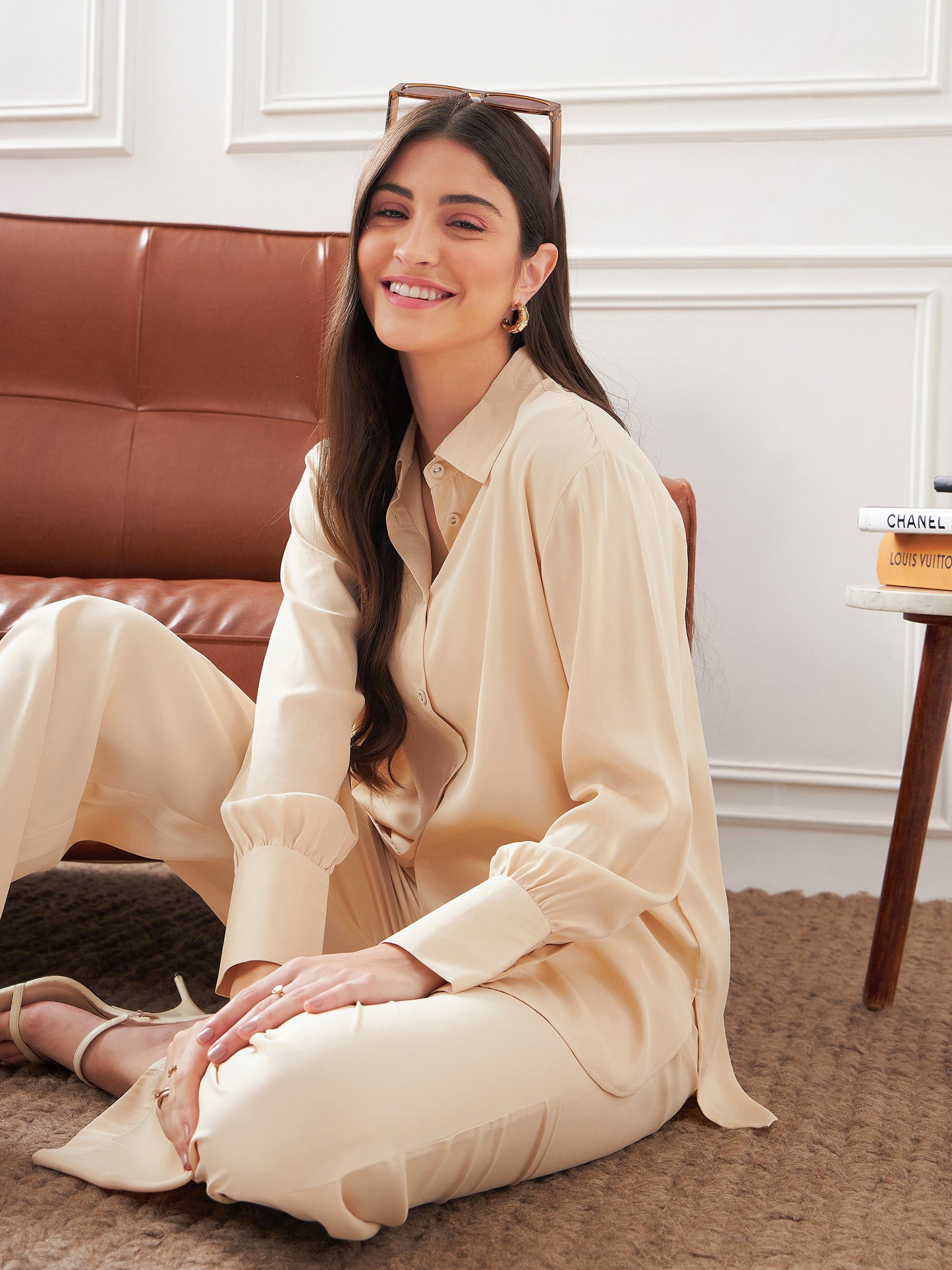 Beige Satin Shirt With Lounge Pants