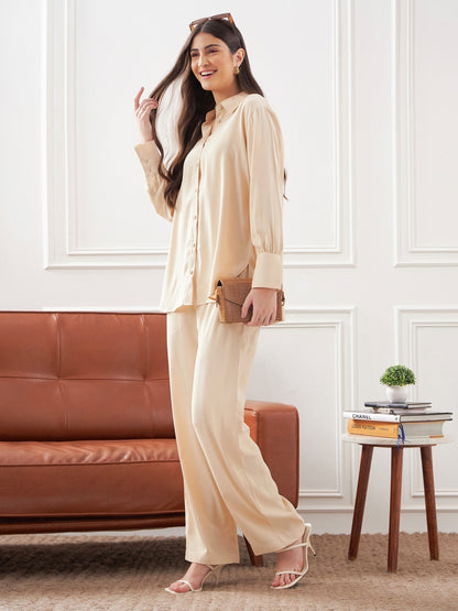 Beige Satin Shirt With Lounge Pants