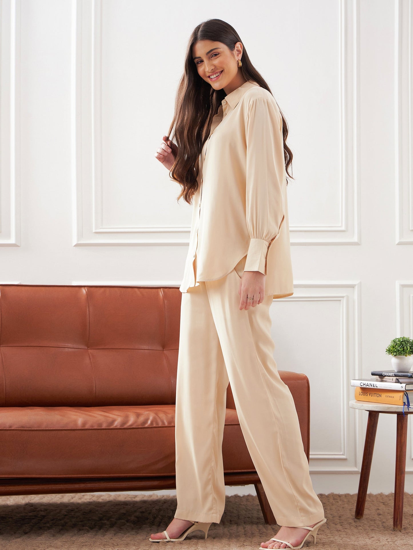 Beige Satin Shirt With Lounge Pants