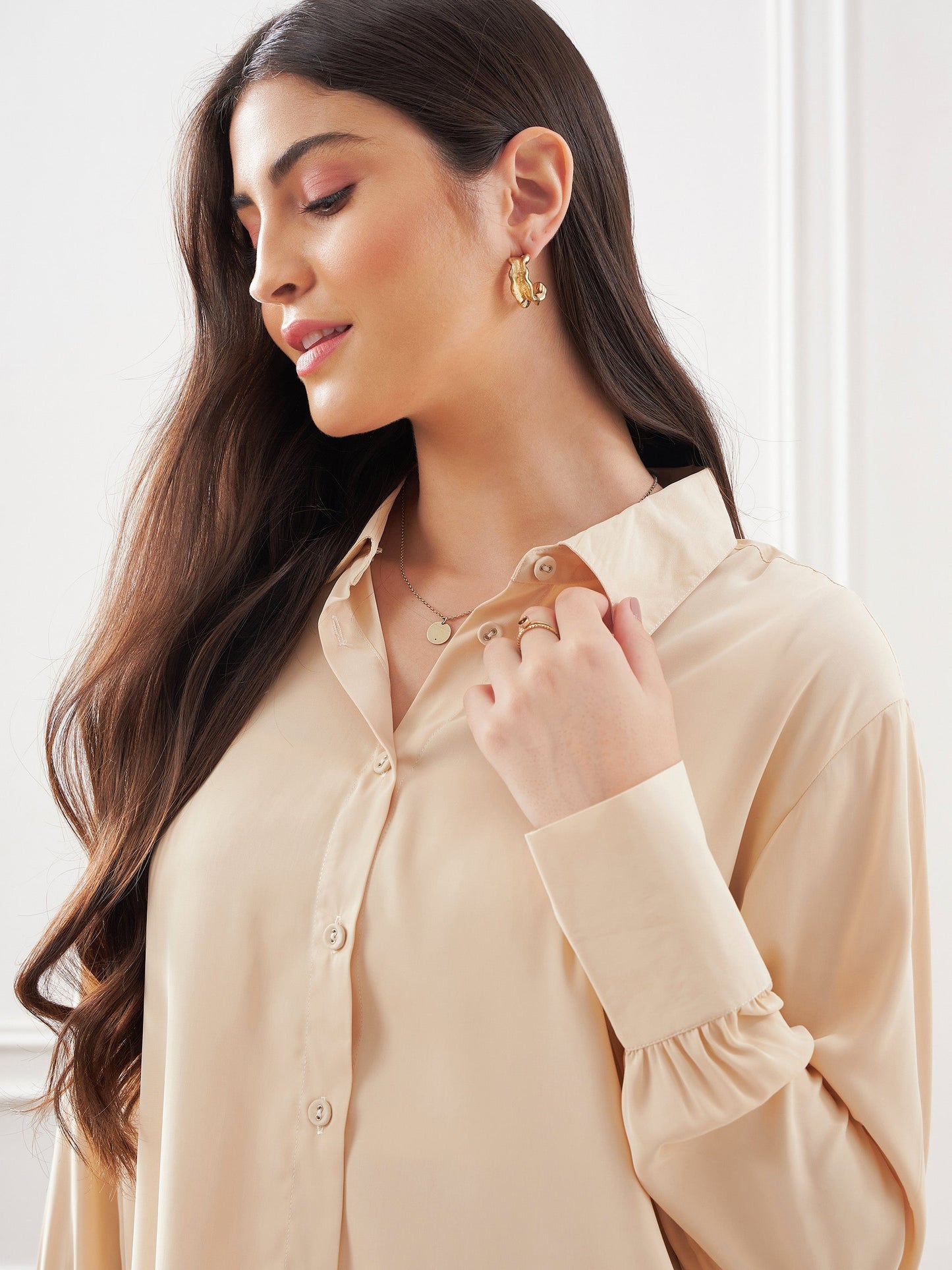 Beige Satin Shirt With Lounge Pants